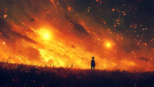 Solitary Figure Standing Amid Glowing Cosmic Fire.