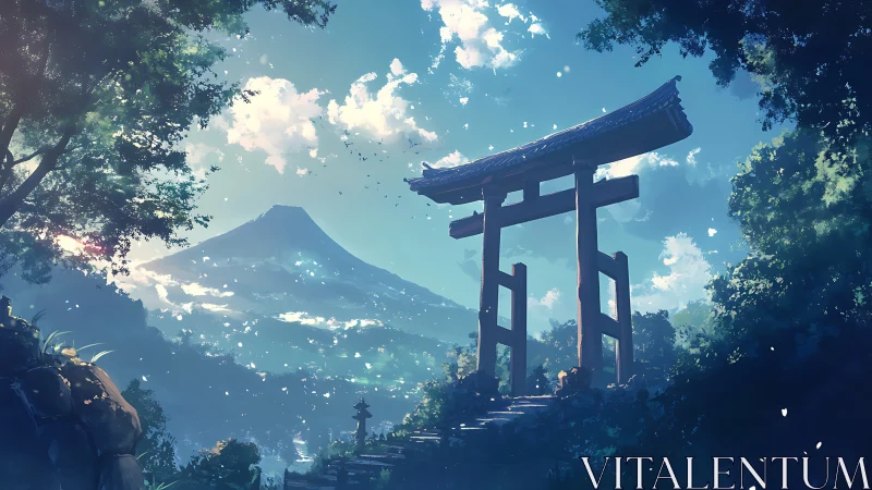 Digital painting of torii gate path with distant sacred mountain.