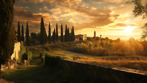 Golden Tuscan hillside village under dramatic sunset light.