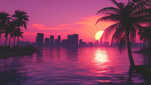 Neon tropic skyline reflects across magenta sunset bay.