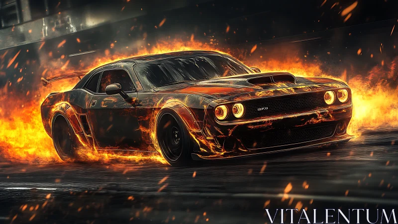 Fire-trailing muscle car rendered with dynamic motion blur and glow