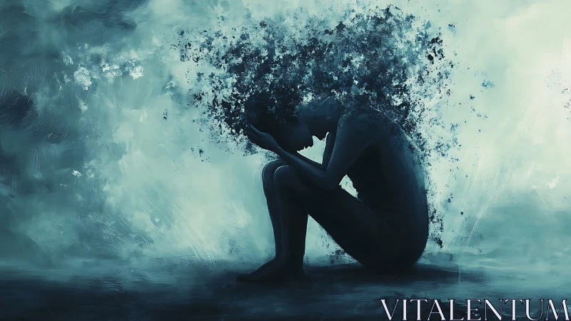 Silhouette figure dissolving in textured monochrome space.