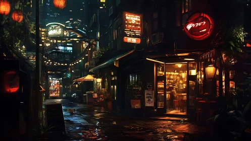 Nighttime urban alley with illuminated storefronts and signs.