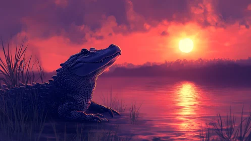 Crocodile rests beside neon sunset marsh water. Period.