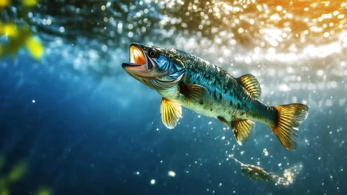 Fish moves upward in sunlit underwater environment