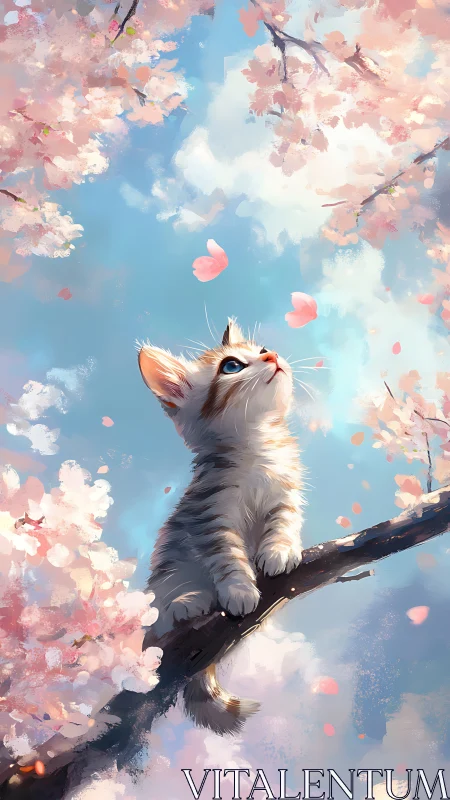 Kitten's Dreamscape Among Pink Cherry Blossoms.