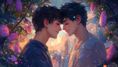 Two souls converge in luminescent gardens of wonder.