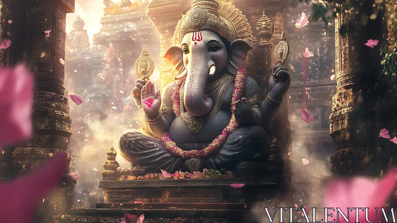 Petaled light swirls around serene elephant deity in gold