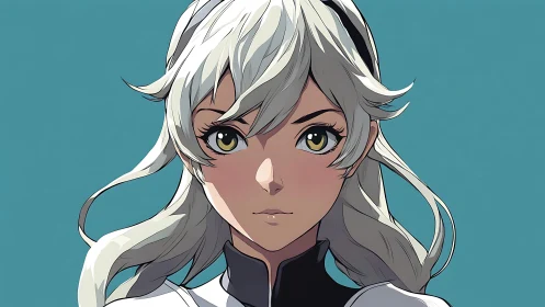 Front-facing anime portrait of silver-haired female figure.