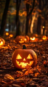 Illuminated Jack-o'-Lantern Forest Composition with Bokeh Ambient Lighting.