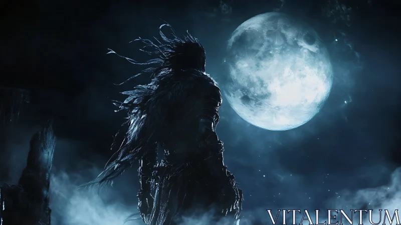 Armored wraith silhouette observes high-contrast full moon backlight