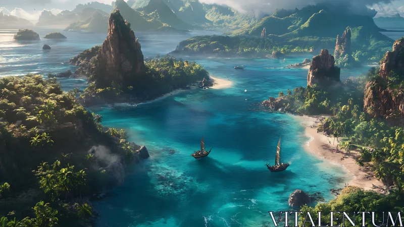 Tropical Island Bay with Ancient Ships and Limestone Cliffs.