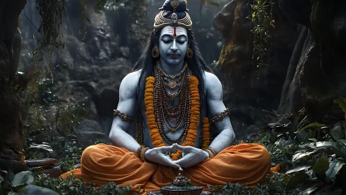 Serene blue deity rests in quiet meditation among forest shadows