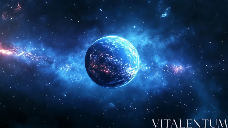 Illuminated exoplanet in blue nebular starfield panorama