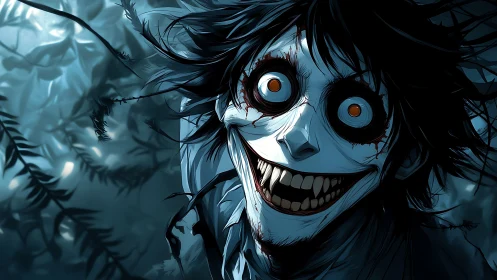 Sinister forest smile with wide eyes and eerie laughter.