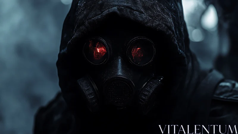Hooded figure in gas mask with red glowing lenses at night.