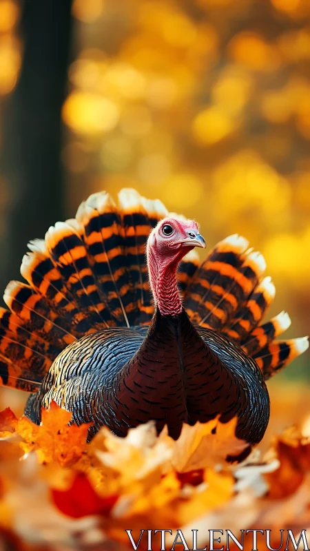 Wild turkey standing among orange autumn foliage outdoors.
