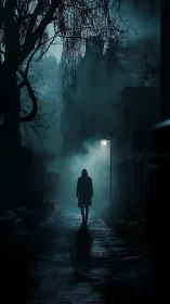 Backlit solitary figure in foggy alley with high contrast lighting