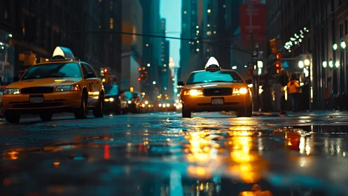 Yellow taxis glow against a rainy downtown city evening