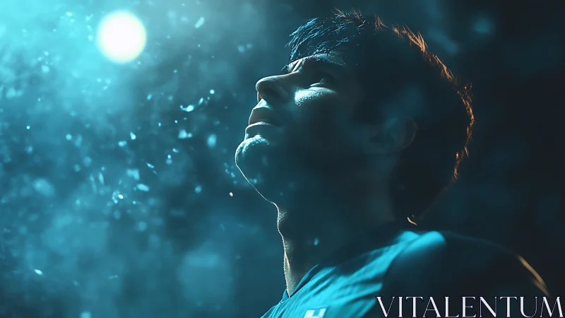 Starlit resolve ignites in a lone athlete’s upward gaze.