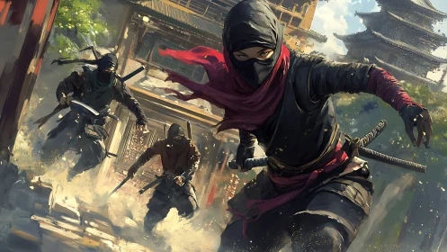 Masked ninjas sprint through dusty streets in fast pursuit.