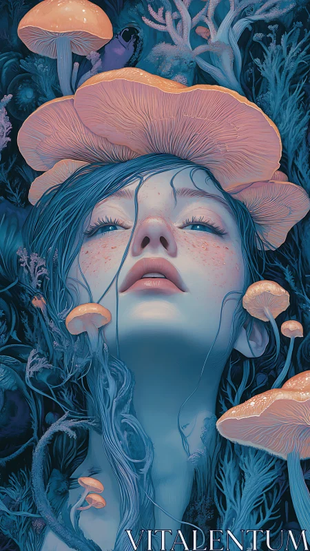 Bioluminescent mycology nymph immersed in ethereal fungal growth