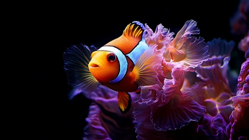 High-contrast clownfish render within luminescent coral forms