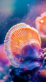 Macro shell study in luminous bicolor marine gradient lighting.