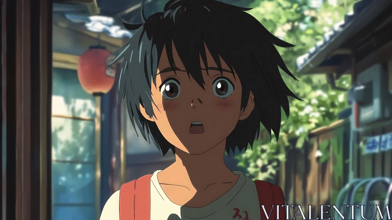 Wide-eyed anime kid pausing in a sunlit alleyway moment.
