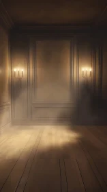 Baroque paneled corridor with twin sconces and misty glow.