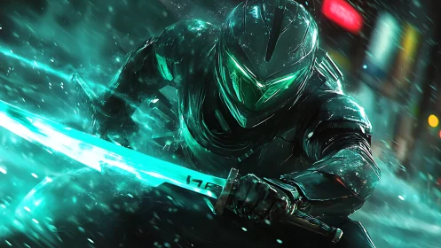Cybernetic neon swordsman charging through kinetic rain.