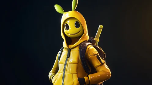 Glossy yellow mascot in hooded jacket with backpack and sword