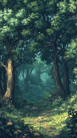 Ancient Forest Canopy with Luminous Pathway Through Dense Woodland