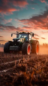 Modern agricultural tractor on stubble field at sunset.
