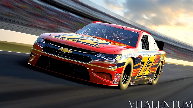 Red Chevrolet stock car number 72 on banked racetrack.