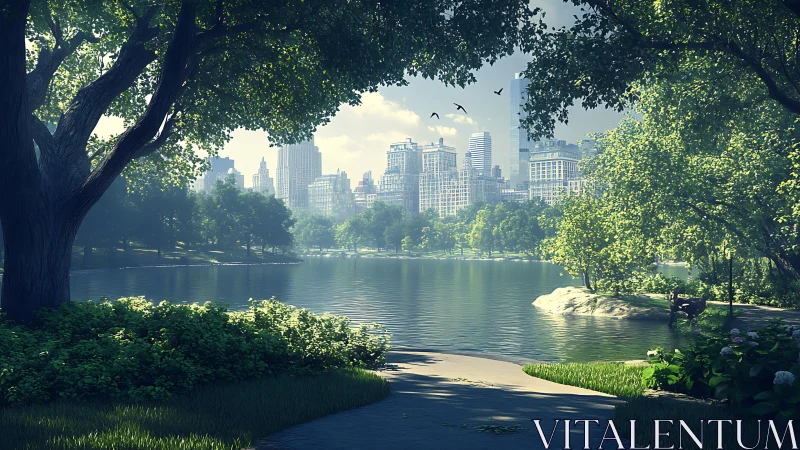 Sunlit city park lake opens a calm window into the skyline