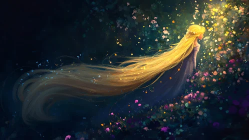 Golden-haired girl walks through glowing nocturnal garden