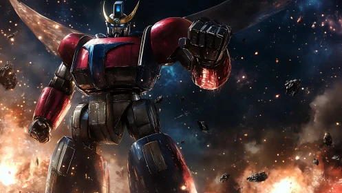 Colossal red mecha in cinematic deep space battlefield stance