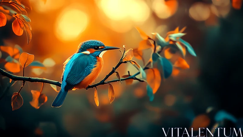 Vibrant Kingfisher on Branch with Warm Sunset Bokeh Background.