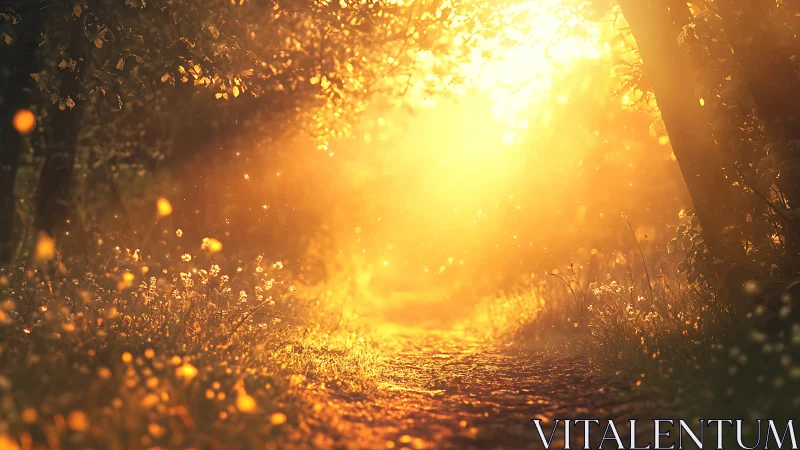 Enchanted forest path glowing with golden sunlight and warm tones.