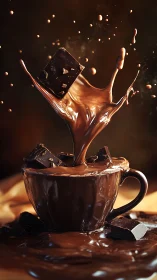 Dark chocolate cube impacts liquid splash in brown ceramic cup