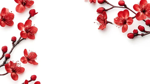 Vibrant Red Blossoms on Branches Against White Background with Depth.