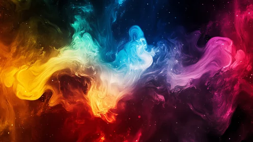 Colorful swirling nebula clouds stretch across dark space