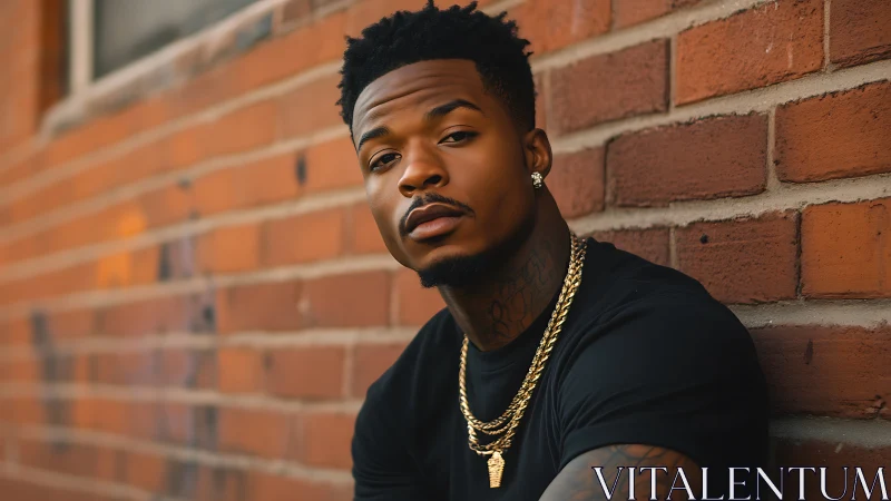 Urban portrait against brick fa&ccedil;ade with shallow depth rendering.