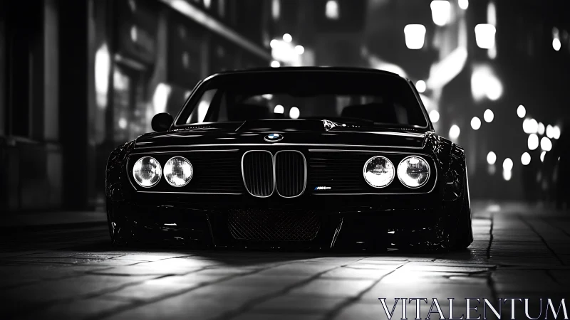 Classic BMW coupe prowls a moody city street at night