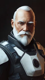 Galactic elder in battleworn exosuit studies the future calmly.