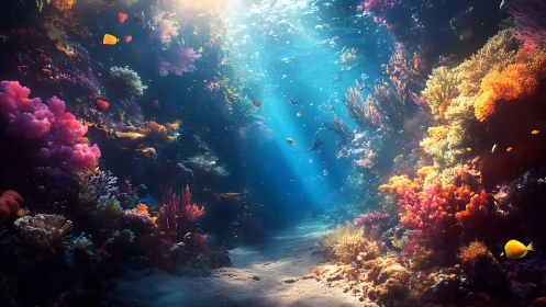 Sunlit coral canyon reveals vibrant tropical reef life