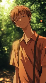 Anime boy in orange shirt standing under dappled forest light.