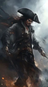 Battle-scarred pirate strides through burning sea mist