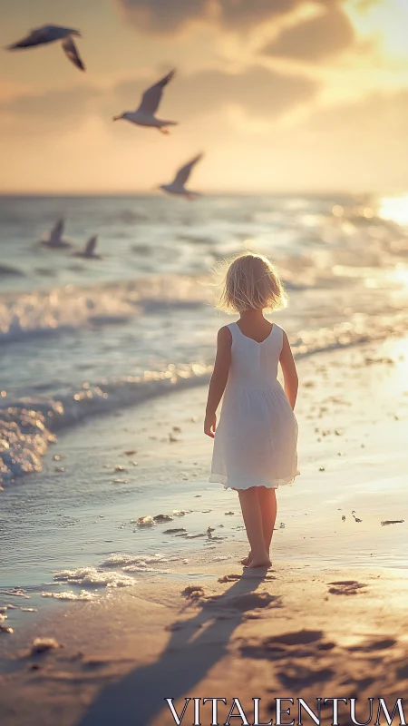 Child in white dress standing alone on beach at sunset.